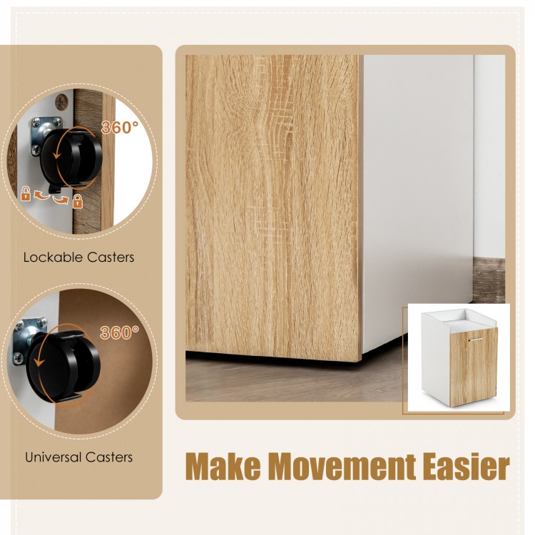 Close-up of the mobile file cabinet's 360-degree casters, featuring lockable and universal wheels for easy movement.